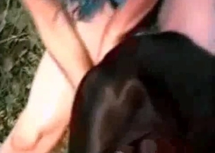 Threesome bestiality action with a Doberman